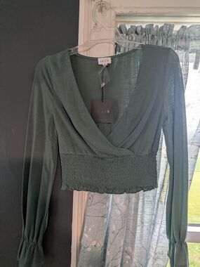 Le Lis Forest Green Long Sleeve Smocked Wrap Crop Top
